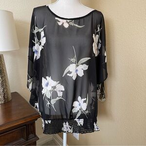 Torrid Smocked Cinch Waist Floral Sheer Dolman Blouse Top Black 1X